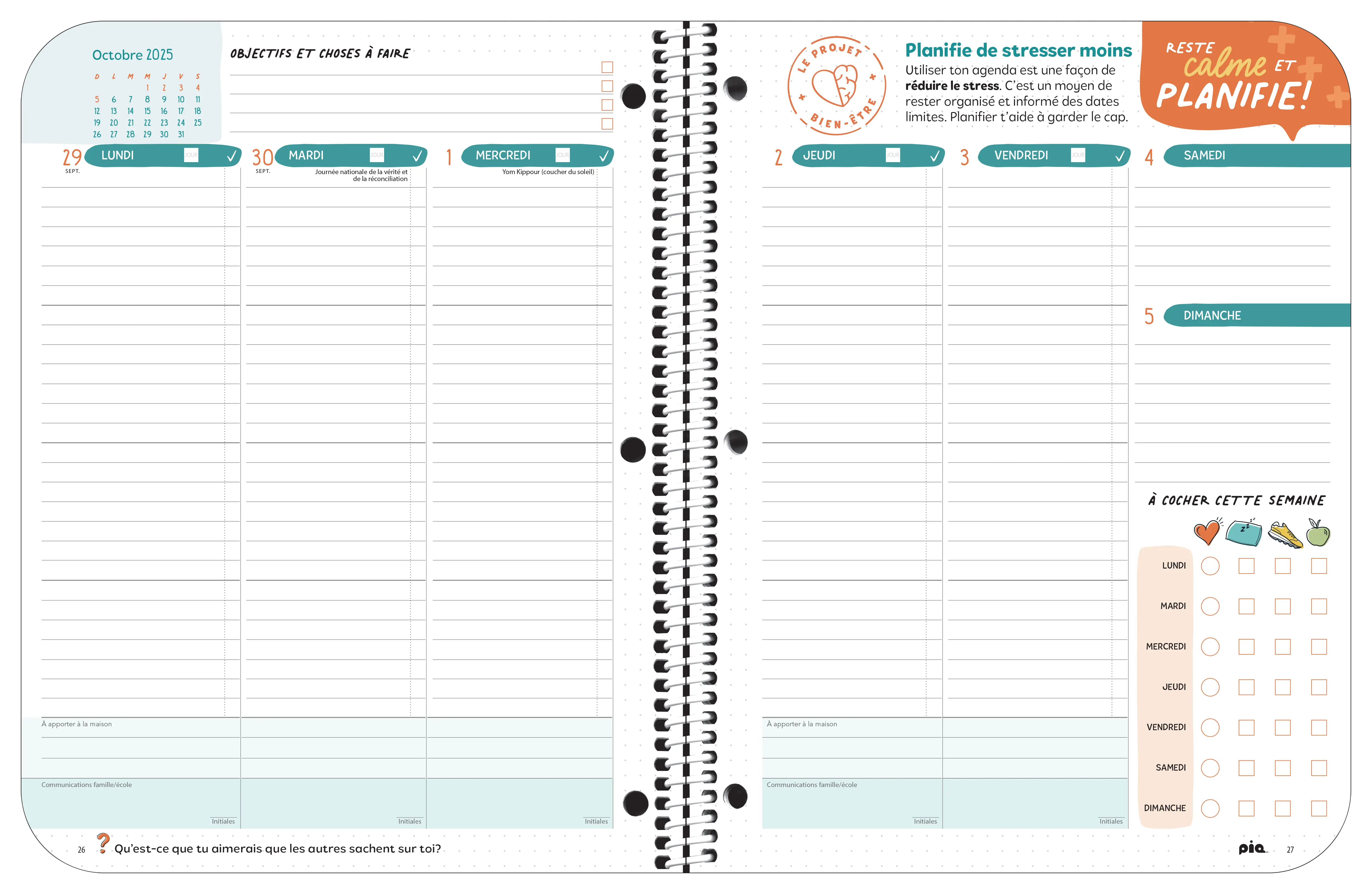 L'agenda scolaire Le projet bien-être, niveau secondaire (1er cycle)